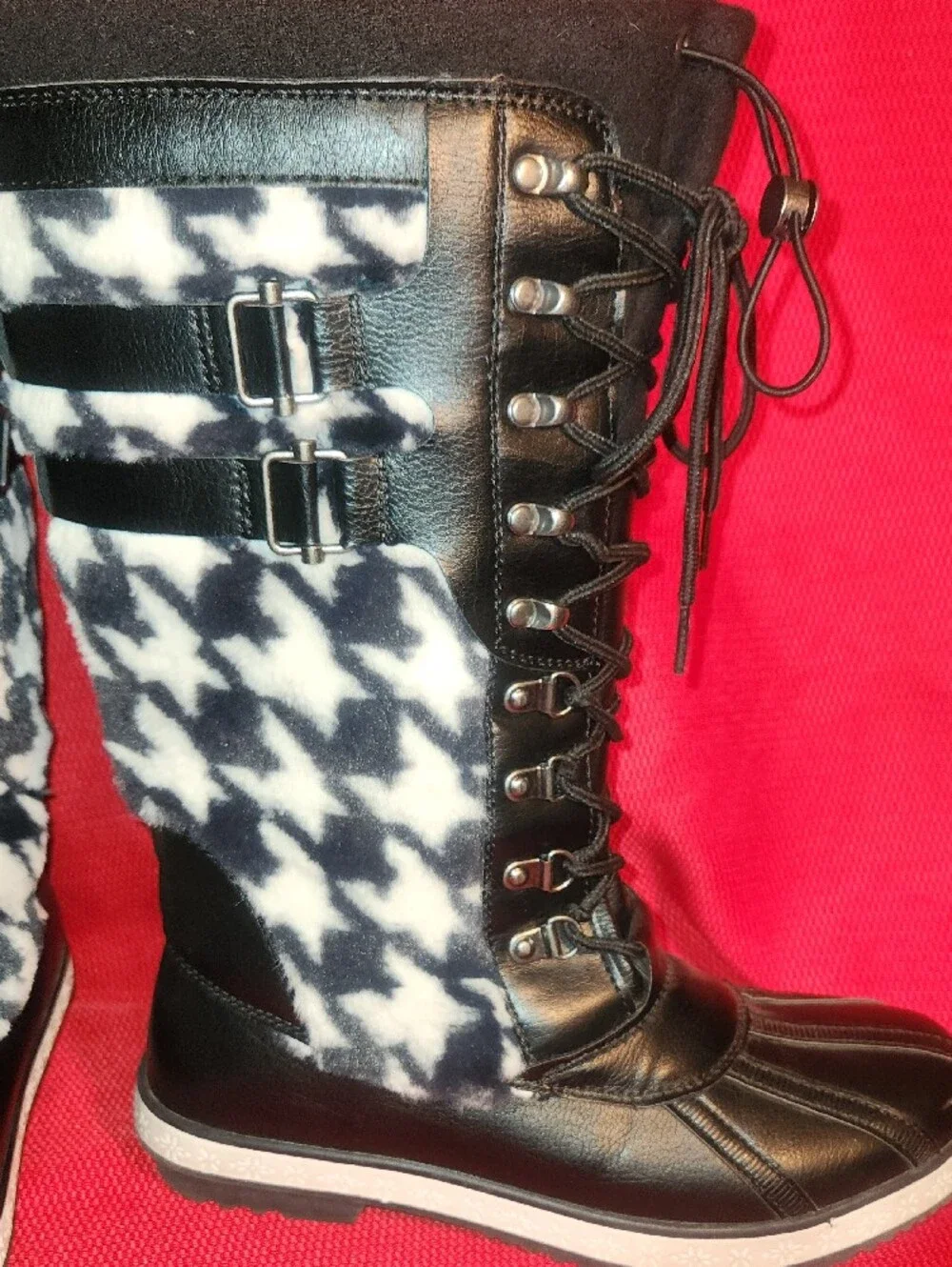 JustFab Black and White Houndstooth Lace-Up Tall Winter Boots